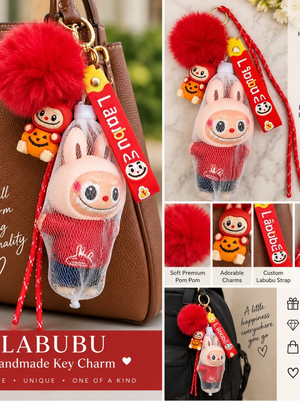 Handmade Labubu Halloween Bag Charm Keychain 🎃 Red Pom Pom OOAK